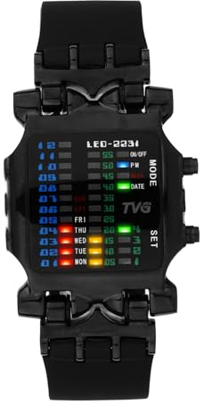 TVG Men's Military Watches,Sports Waterproof Watch with Creative Binary RGB Led Light Display,Stainless Steel Waterproof Watches, Black, Nurse Watch