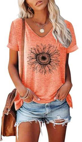 NAIOSS Långärmad damtröja med tryck toppar höst t-shirt v-ringad skjortor bomull casual toppar, A-orange, L
