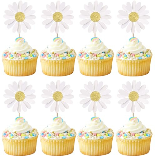 SYKYCTCY 24 Pack Daisy Cupcake Toppers Glitter White Daisy Flower Cupcake Picks Spring Daisy Flower Cake Decorations for Chrysanthemum Theme Birthday Kids Baby Shower Party Supllies