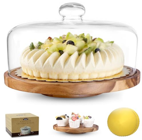 Tel Charme * Glass Rotating Cake Stand with Lid - 12 Acacia Wood Cake Plate with Dome, Includes 2 Extra Cake Boards - Cake Holder for Wedding, Birthdays, Kitchen, Party Display, Charcuterie Tray