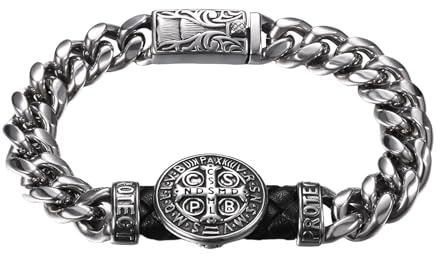 JewelryWe Helig benedict armband män: rostfritt stål läder exorcism St benedict kors pansarkedja armband vintage punk kubansk kedja armkedja katolska religiösa skyddssmycken svart silver, Läder