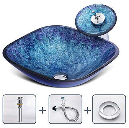 UYCVT Frost Flame Pattern Vessel Sink Tempered Glass Above Counter Square Shape Bathroom Washing Basin Combo with Waterfall Faucet, Artistic Blue Lavatory Bowl for Home Hotel BALC-Blue-A