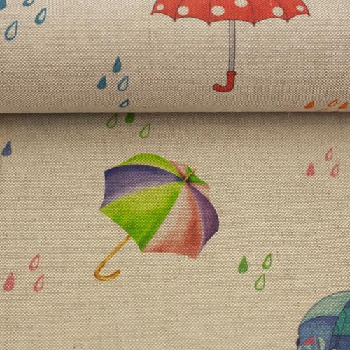 Dekostoff Canvas Leinenoptik – Strand- und Campingmotive – bunt & detailreich – Öko-Tex Standard 100 – Made in Europe – Meterware ab 50 cm – robust & vielseitig (Bunte Regenschirme, Tropfen)
