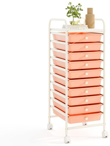 COSTWAY Chariot de Rangement à roulettes avec 10 Tiroirs Plastiques Amovibles, Tour de Rangement à roulettes, Cadre en Métal, Desserte pour Cuisine Salle de Bain École, 33x37x86cm (Rose Pêche)