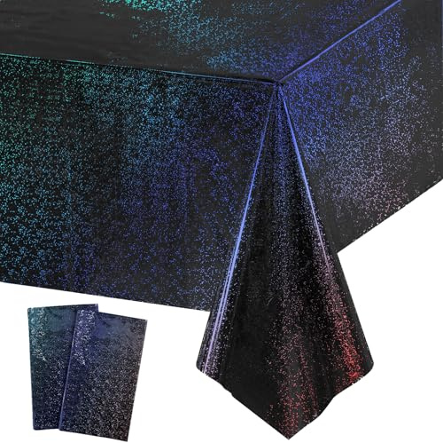 2 Stück Party Tischdecke Schwarz Glitzer - Geburtstag Tischdecken Foil Wasserabweisend Einweg Deko für Stranger Geburtstag New Year Silvester Halloween Hexen Gespenster Grusel Neujahr Abschluss Party
