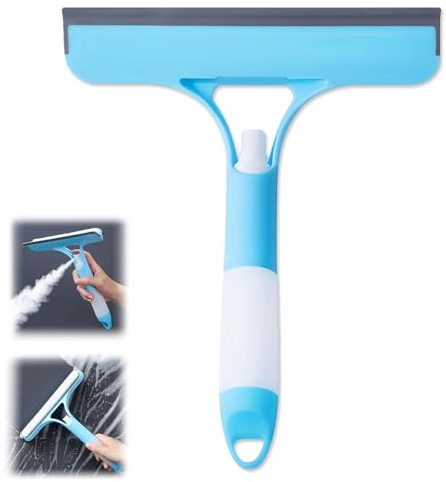 3 in 1 Window Cleaning Scraper, Cleaner Window Squeegee with Sprayer, Squeegee and Scrubber Spray Bottle Window Squeegee for Shower Glass, Mirrors, Car and Home,All-Purpose Window Cleaner Tool (Blue)