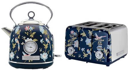 Laura Ashley Ensembles Bouilloire et Grille-Pain par VQ – Bouilloire Electrique 1,7 L à Ébullition Rapide et Grille-Pain 4 Tranches avec Fonctions Décongélation et Réchauffage – Elveden Bleu
