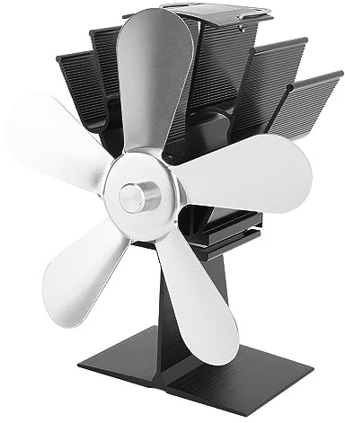 Ghzste Wärmebetriebener Holzkamin-Ofenventilator, Holzofenventilator, 5 Flügel, Kaminventilator, Wärmebetriebener Ofenventilator für Holzofen, Pellet-Holzbrenner, Kamin (Silber)