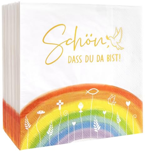 COMOOKA 40 Stück Regenbogen Servietten Schön dass du da bist Tischdeko | Servietten Taufe Mädchen & Junge, Papierservietten mit Regenbogen-Motiv, Tischdeko für Taufe, Konfirmation, Firmung