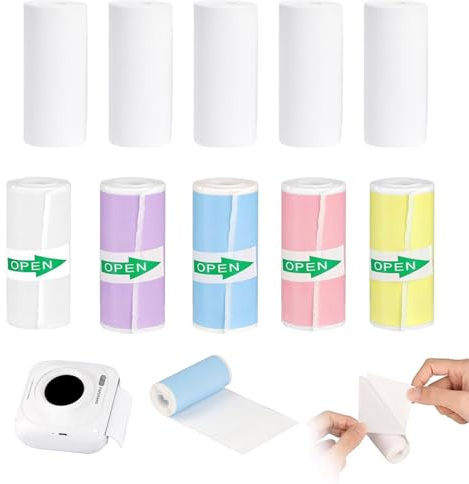10 Rollen Thermopapier für Kinderkameras – 5 Rollen Buntes Selbstklebendes Thermopapier (Gelb, Pink, Blau, Lila, Weiß) + 5 Rollen Weißes Fotopapier, Papierrolle für Mini Drucker und Kinderkameras