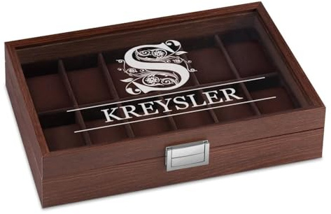 Maverton Uhrenbox mit Gravur für 12 Uhren - Uhrenkasten aus Holz - 31x21x7,5cm - Magnetverschluss - für Herren - zum Geburtstag - zu Weihnachten - Farbe: Weinrot - Monogramm