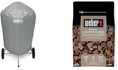 Weber 7176 Grill-Abdeckhaube für Holzkohlegrills mit einem Durchmesser von 57 cm, Grau, 15.9 x 22.7 x 3.8 cm & 17612 Anzündwürfel braun, ohne Zusatzstoffe, 48 Stück (1er Pack), 38x17x5 cm