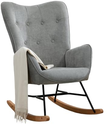 MEUBLE COSY Schaukelstuhl Sessel Schaukelsessel Stillstuhl Schwingstuhl mit Armlehnen Gepolsterter Sitzfläche für Wohnzimmer Schlafzimmer, Balkon, Stoff und Holzkufen, Bis 120 kg Belastbar, Grau