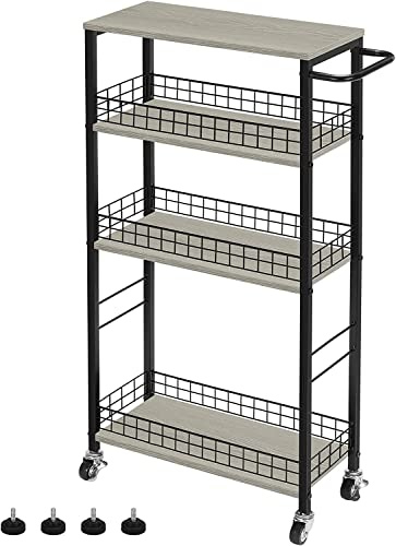 Chariot de cuisine étroit à 4 niveaux avec plateau en bois - Chariot de rangement multifonction avec roulettes (l x P x H) : 42 x 18 x 88 cm - Facile à monter - Pour cuisine, salle de bain, salon