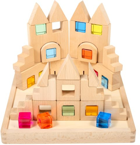 tickit Bausteine aus Holz – Set mit 25 Buchenholzwürfeln mit bunten Acryl-Edelsteineinsätzen, Stapeln, Balancieren & kleine Weltspiele, ideal für Kinder im Alter von 3+ Jahren