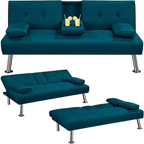 Yaheetech Sofa Bed Fabric Click Clack Sofa Bed with 2 Cup Holders, Convertible Futon Settee, Futon Recliner Lounge for Living Room, Spare Room, Bedroom, Aqua Blue