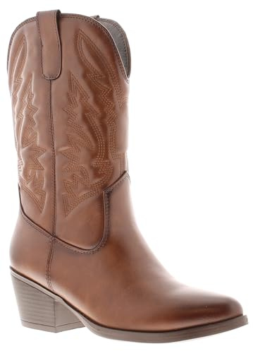 Apache Womens cowboy boots - Ranch cowgirl line dancing boots in Tan and White for ladies festival boot concert ladies western line dancing Tan 6 UK