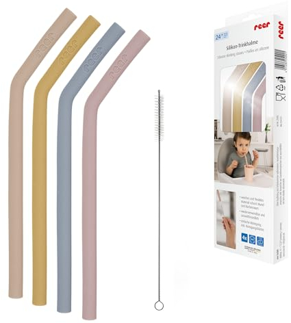 Pajitas de silicona para niños pequeños y niños, a partir de 24 meses, juego de 4 pajitas en colores brillantes, incluye un práctico cepillo de limpieza