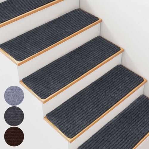 BREENHILL 15 PCS Non Slip Stair Treads for Wooden Steps – 20 x 76cm Indoor Non Slip Stair Treads, Carpet Stair Mats with Self-Adhesive Backing, Removable & Machine Washable – Dark Grey