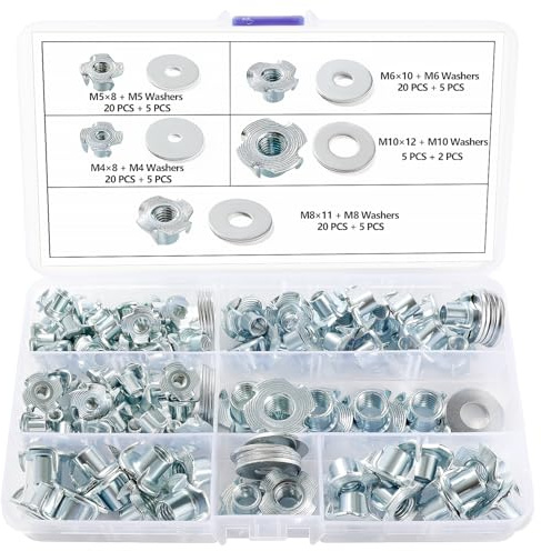 Lyeteung 85 Stycken M4/M5/M6/M8/M10 T-Muttrar Set, Fyrfasade T-Muttrar, 4 Stift T-Spår Muttrar, med 22 Stycken Brickor, för Trä, Skåp, Möbler
