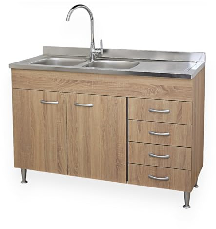 Yellowshop - Mobile cucina sottolavello a 2 ante e cassettiera cm 120 effetto legno Rovere Well componibile con lavello inox e scolapiatti Basic (Sottolavello con lavello piano DX)