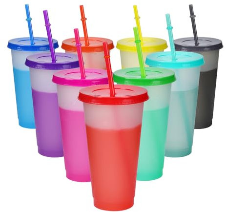 dellyy 9 Stück Trinkbecher mit Strohhalm und Deckel, 16oz Farbwechsel Becher, Plastikbecher Kinder Erwachsene, Kunststoffbecher Mehrweg, To Go Reisebecher Tasse für Kaffee Smoothie Saft