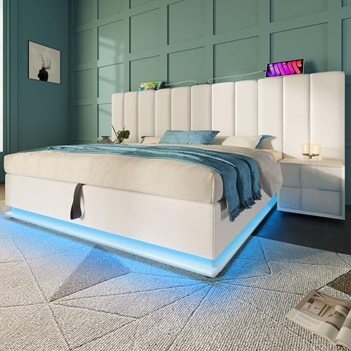 Moimhear Letto imbottito 180×200cm, letto contenitore matrimoniale con funzione di ricarica LED, PU, ​​senza materasso e comodino (bianco, 180 x 200 cm)