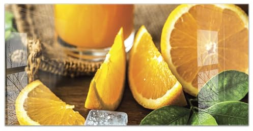 timalo Küchenbild aus Acrylglas modernes Wandbild Glasbild Deko Küche XXL Acryl-Bild wie Glas | 100x50cm Frische Orangen Orangensaft, Eiswürfel