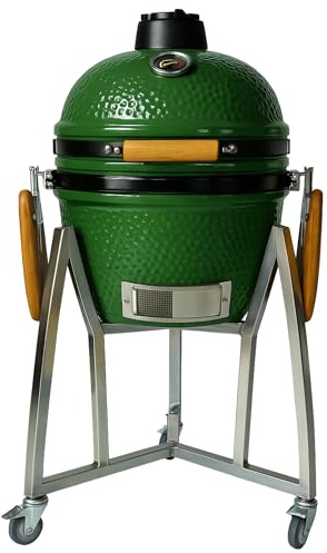 Kamado, barbecue giapponese in ceramica, diametro 40 cm, tavolini pieghevoli, ruote, carbone, termometro incorporato, manico in legno, colore verde, ideale per giardino, terrazza, campeggio