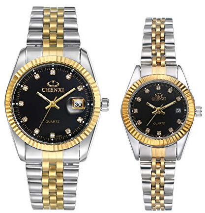 JewelryWe Reloj analógico de Cuarzo con Calendario, 30 m de Pulsera de Acero Inoxidable para Hombre y Mujer, Reloj de Pulsera de Diamantes de imitación, Negro (1 par), Día de Navidad, cumpleaños