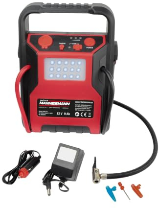 Brüder Mannesmann Jump Starter Power Station, 12 V Starthilfe, Luftkompressor, USB-Powerbank, LED-Arbeitslicht, mobil für Auto, Camping, Notfälle, inkl. 3 Ventiladapter, Netzteil, Ladekabel | M01771