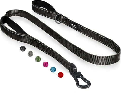 TwoEar 6FT 1IN Strong Black Dog Leash with 2 Padded Handles, Traffic Handle Extra Control, Comfortable Soft Dual Handle, Auto Lock Hook, Reflective Walking Lead for Small Medium and Large Dogs