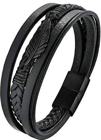 Flongo Herrenarmband Männer Kette Lederarmband, Edelstahl Geflochten Leder Echtleder Armband Armreif Armkett Kreuz Link Schwarz Silber Gold Biker Herren-Accessoires