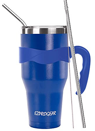 Ezprogear 1180ml Blue Water Tumbler Stainless Steel Double Wall Coffee Cup with Straws and Handle (40 oz, Blue)