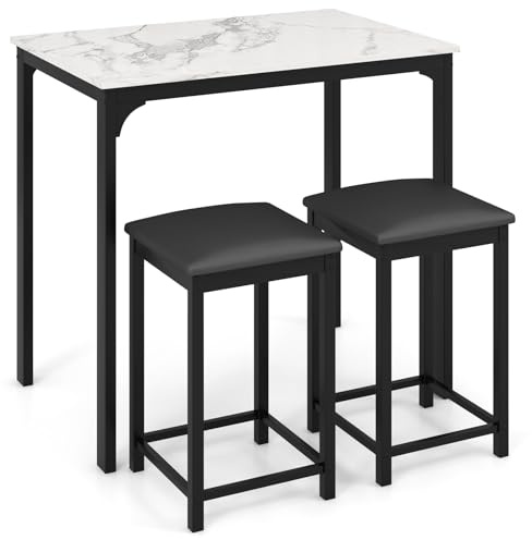 COSTWAY 3 Pieces Bar Table Set, Kitchen Counter Table and 2 Bar Stools with PU Leather Pad, Metal Frame Breakfast Dining Table Sets for Home, Pub, Living Room (Cream White)