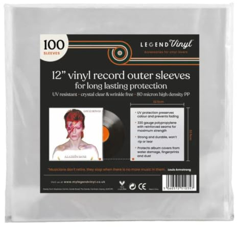 Legend Vinyl Packung mit 100x12 äußeren Vinylhüllen 33 U/min – kristallklare, faltenfreie und langlebige Schallplattenhüllen stoppt das Verblassen – passend für die meisten Gatefolds und Doppel-LPs