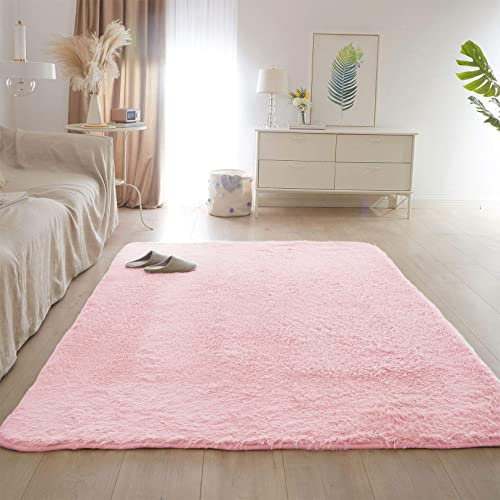 CHBIN Shaggy 120x140cm Carpet Wohnzimmer Teppich Hochflor Hochflorteppich Faux Lammfell Flauschig für Bettvorleger Sofa Matte Oder Schlafzimmmer Deko Usw, Rosa