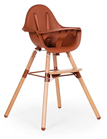Childhome, Baby-/Kinderhochstuhl, mitwachsend, ab 6 Monaten, höhenverstellbar, 5-Punkt-Gurt, umfangreiches Zubehör, kompatibel mit Evolu Neugeborenen-Sitz, Buchenholz, Evolu 2, Terracotta