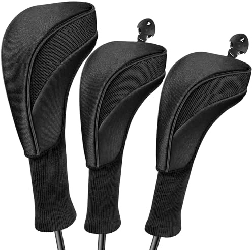 Golfklubbans huvudskydd för Fairway Woods förare hybrider 3 delar lång hals nät sportfan golfklubba huvudskydd set med utbytbara nr. Taggar 3 4 5 6 7 X golftillbehör för män kvinnor (svart)