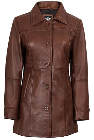 fjackets Chaqueta de cuero para mujer, abrigo de piel de cordero real para mujer, abrigo largo de cuero con cierre de botón, Cera marrón coñac, X-Large
