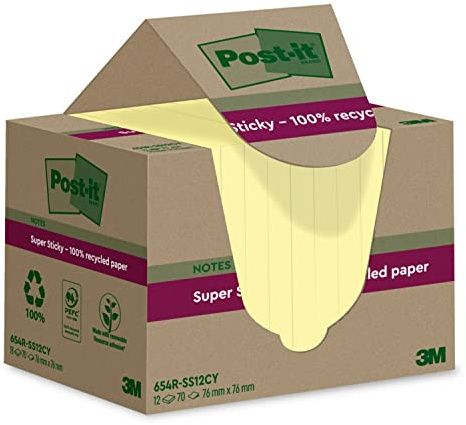 Post-it Super Sticky 100% Recycled Notes, Pack of 12 Pads, 70 Sheets per Pad, 76 mm x 76 mm, Canary Yellow - Extra Sticky Notes Made from 100% Recycled Paper