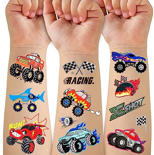 75 PCS Truck tatuaggio temporaneo per bambini, stili metallici tatuaggi per Truck festa di compleanno forniture - Auto da corsa bandiera a scacchi fiamme ruota finto tatuaggio adesivi per ragazzi
