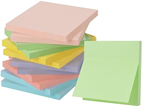 ZCZN Feuillets Autocollants 12 Blocs Notes de 6 couleurs vive, 76 X 76 mm Lot de 12 blocs/60 feuillets/Pad, Sticky adhèrent est plus 12 Pack - Notes Sticky 720 Feuillets-Couleur Macarons