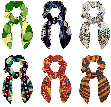 6PCS Hair Scarf Scruncheis for Women Girls, Ribbon Bow Elastic Hair Ties Bands Satin Hair Ribbon Scrunchy Ponytail Holder Accessories,Palm Tree with Umbrella