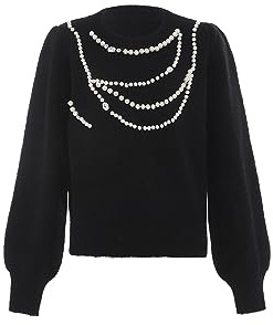 faina Damen Perlenkette Dekorative Stil Rundhals Pullover SCHWARZ Größe XL/XXL