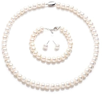 Jrysxc Süßwasserperlen-Schmuck-Halsketten-Ohrring-Set für Frauen, 925er Sterlingsilber-Anhänger-Halskette, echte Perle, Hochzeit, Brautschmuck-Set, Geschenke für Frauen, Geburtstag, Jahrestag