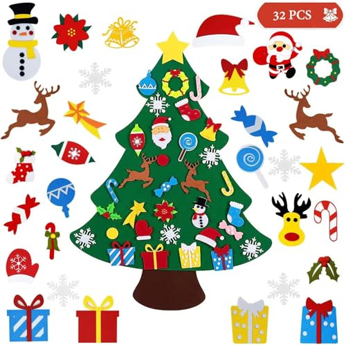 JINYUNMIN DIY Weihnachtsbaum,Weihnachtsbaum aus Filz für Kinder, Kinder mit 32PCS abnehmbare Ornamente,Hängend Dekor Dekoration für Home Tür Wand(100 x70cm)