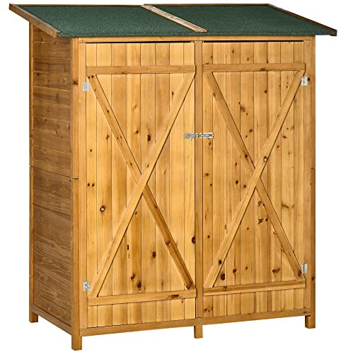 Outsunny Armoire de Jardin cabane à Outils 140L x 75l x 157H cm 2 Portes verrouillables Tabouret de Rangement Toit en Bitume imperméable Bois de Sapin pré-huilé
