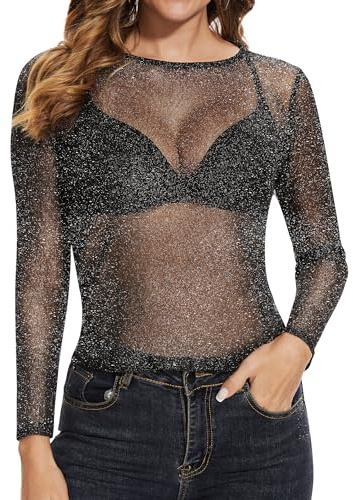 Becellen Maglia Trasparente Donna, Tulle Nero Manica Lunga Maglietta Sexy Glitter Maglie in Rete per Clubwear e Feste