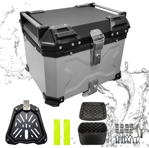 Yglophic Motorcycle Top Box, 45L-100L Aluminum Waterproof Top Box for Motorcycle for Storage Helmet Luggage Box with Security Lock Motorbike Top Case, with Back Rests and Base Plate Silver,80L